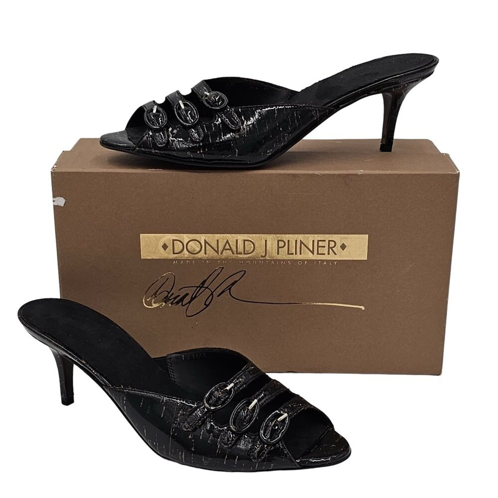 Donald Pliner Italy Womens 9.5 Black Patent Cork Open-toe Slide Dress Shoe Heels - Picture 2 of 15